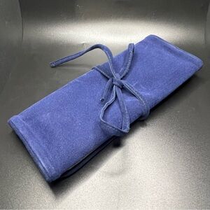 Vintage Avon jewelry wrap travel case navy blue suede roll pouch organizer